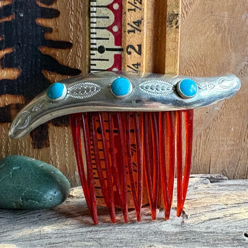 Vintage Navajo Sterling Silver & Turquoise Hair Comb - Picture 6 of 9